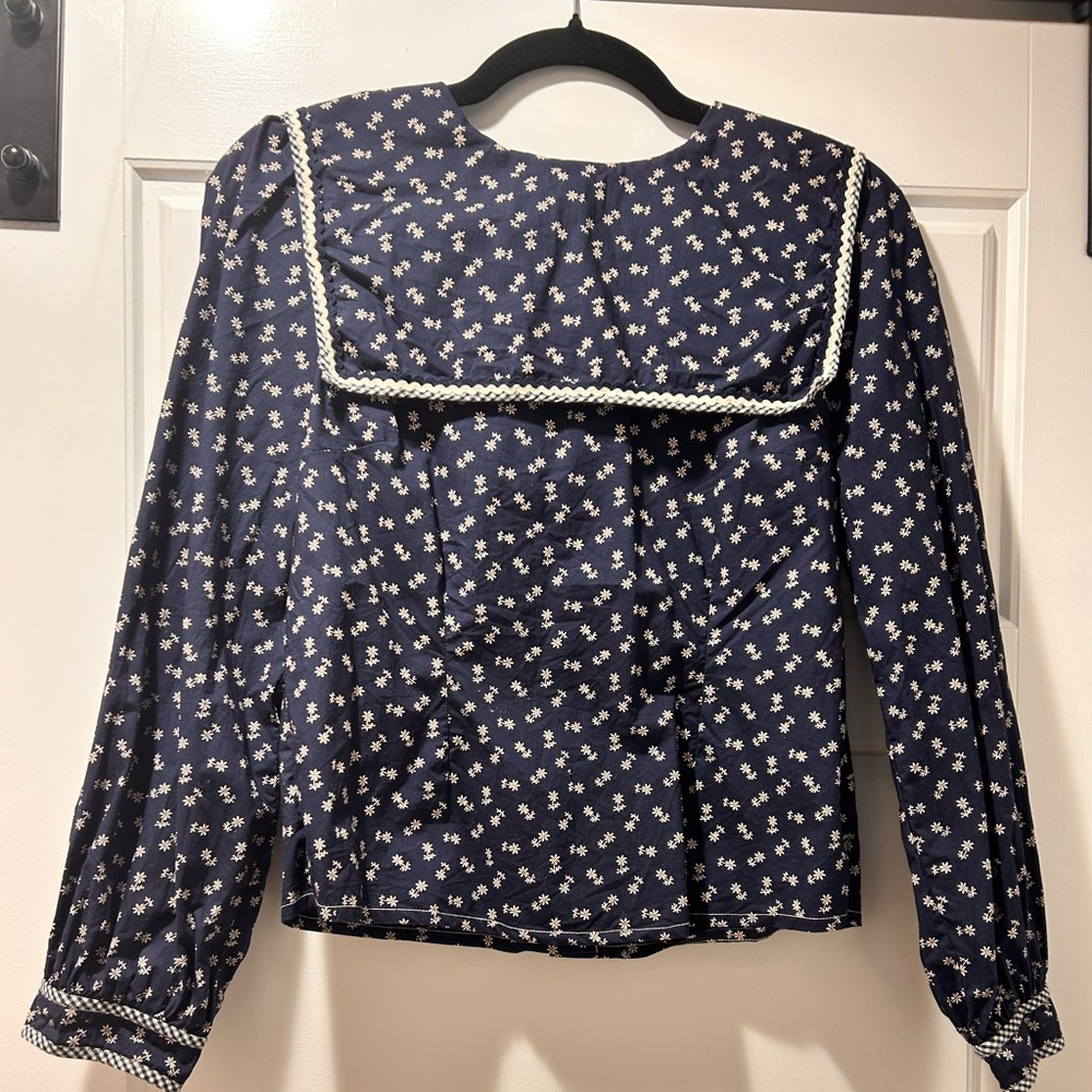 Doen Navy Blue Floral Sailor Collar Blouse